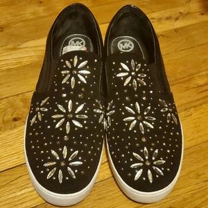 Michael Kors Black Leather Flower Silver Studded Slip on Sneakers size 10